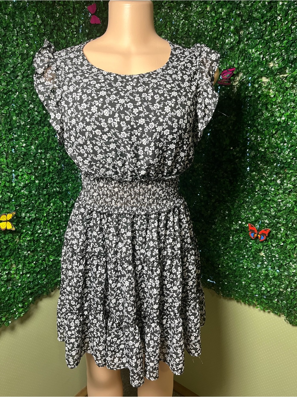Emerald Sundae Black and White Floral Smocked Mini Dress